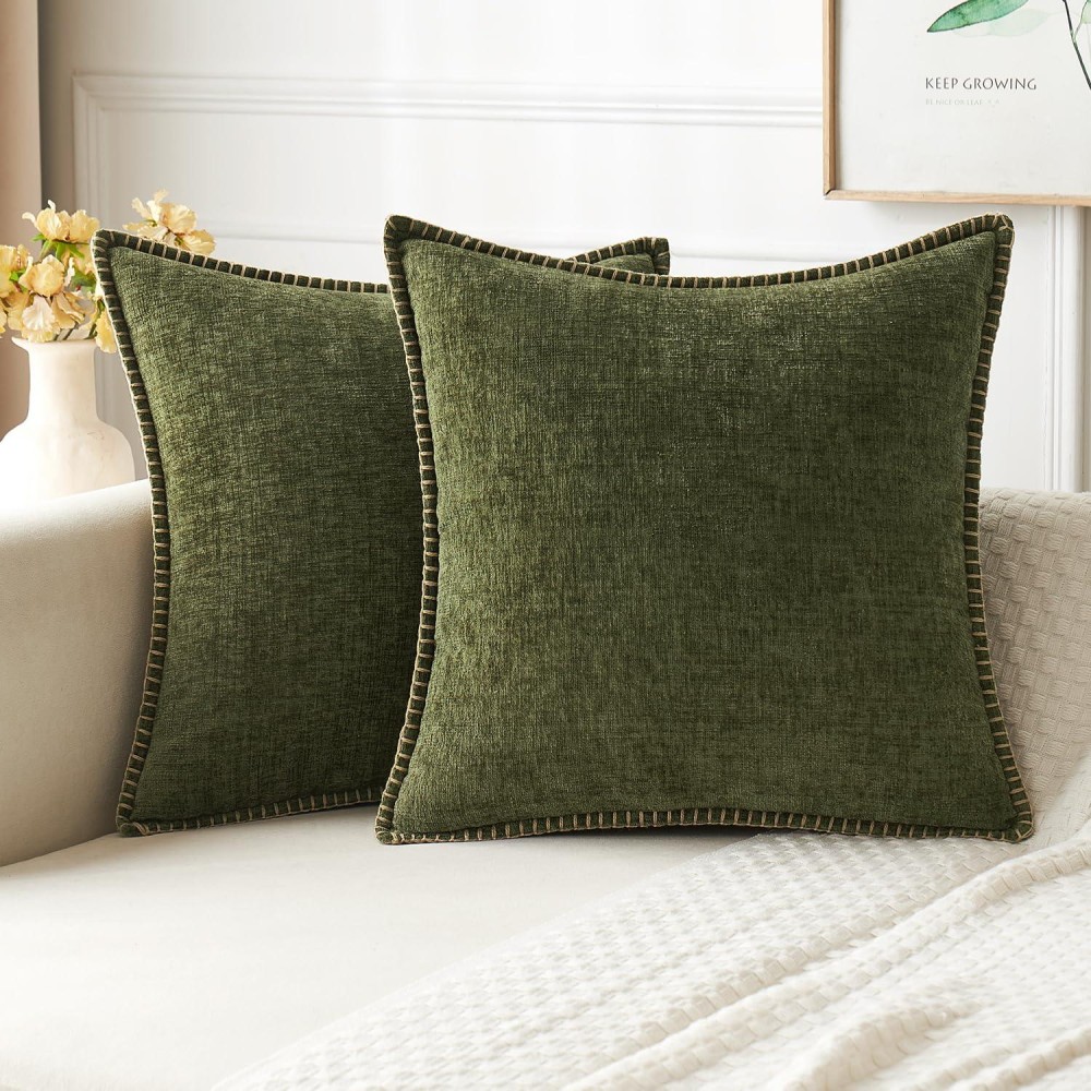 Miulee Pack Of 2 Couch Throw Pillow Covers 18X18 Inch Olive Green Farmhouse Decorative Pillow Covers With Stitched Edge Soft Che