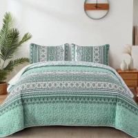 Wongs Bedding Sage Green Quilt Set King Size Bohemian Stripe 3 Pieces Quilts Bedspread Set Boho Lightweight Microfiber All Seas