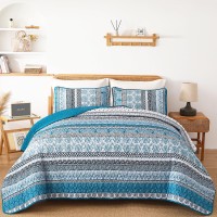 Wongs Bedding Boho Quilt Set King Size Teal Blue Bohemian 3 Pieces Quilt Sets Lightweight Summer Bedspread Coverlet Bedding Se