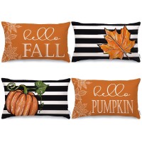 Geeory Fall Decorative Throw Pillow Covers 12 X 20 Inch Set Of 4 Hello Pumpkin Maple Leaves Stripes Fall Decor Outdoor Farmhous