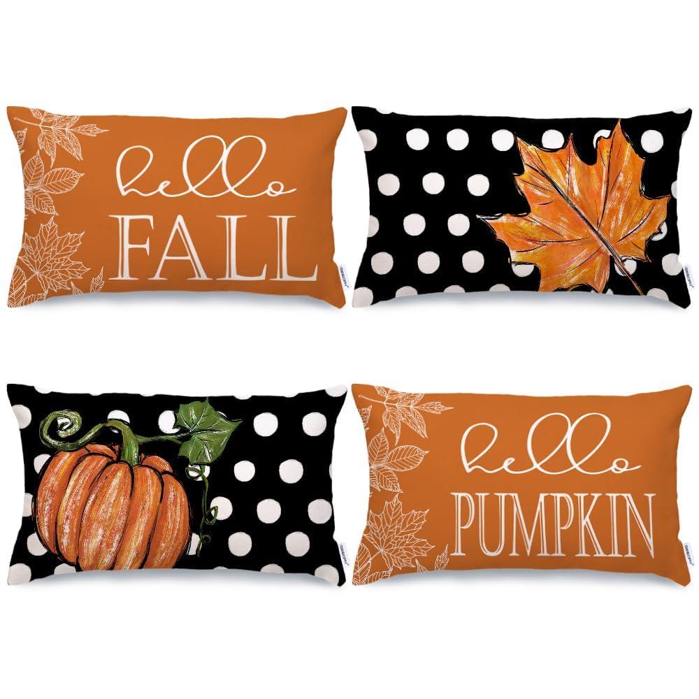 Geeory Fall Decorative Throw Pillow Covers 12 X 20 Inch Set Of 4 Hello Pumpkin Maple Leaves Fall Decor Outdoor Farmhouse Pillow