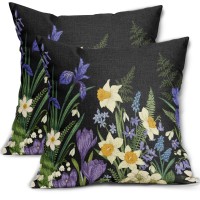 Sorfbliss Spring Summer Flower Pillow Covers 20X20 Set Of 2 Black Vintage White Purple Daffodils Green Leaves Botanical Print De