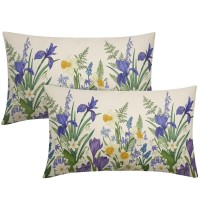 Spring Summer Flower Lumbar Pillow Covers 12X20 Set Of 2 Vintage White Purple Daffodils Green Botanical Print Rectangle Decorati