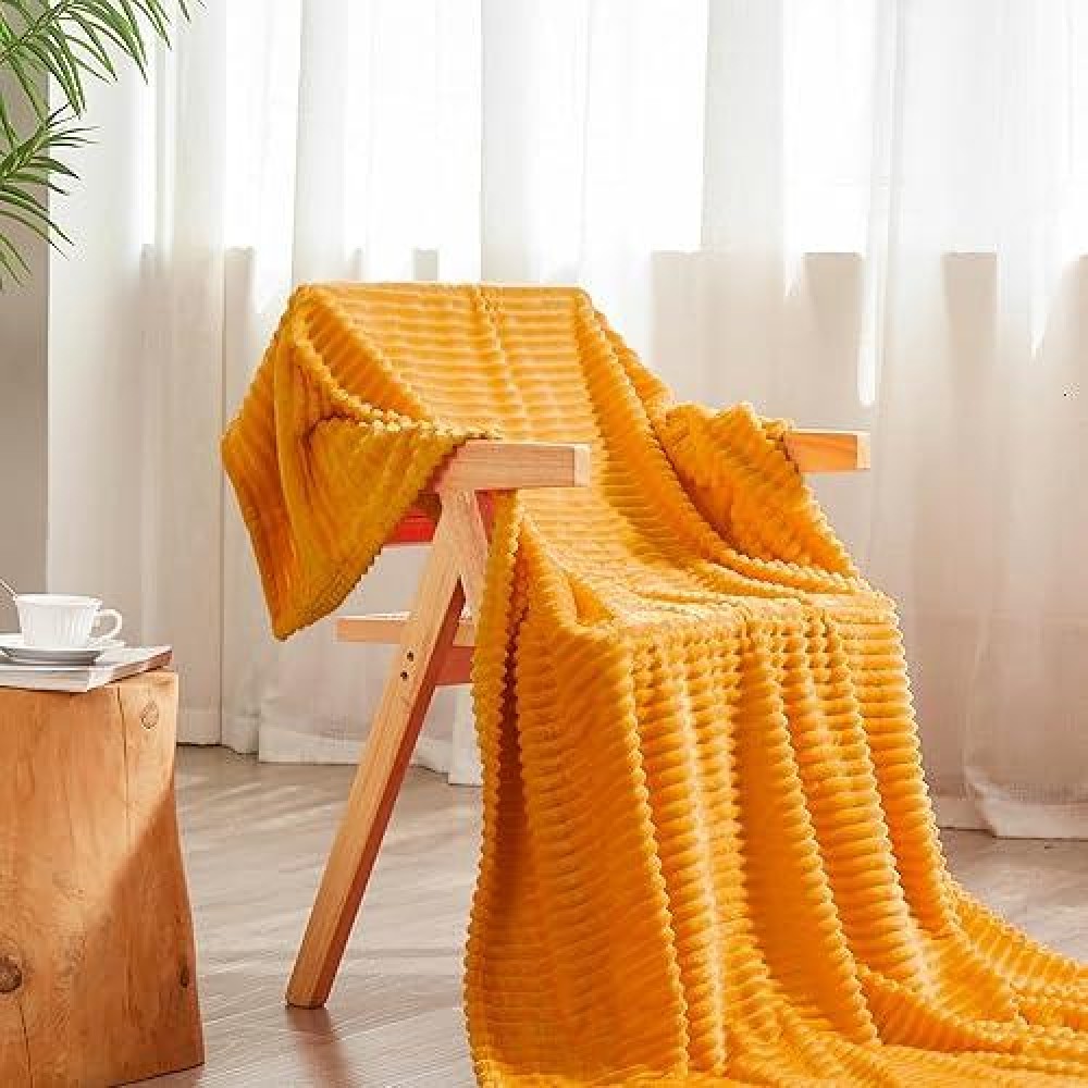 Vessia Flannel Fleece Throw Blanket For Couch Sofa Bed  300Gsm Striped Yellow Blanket Throw For Adults And Kids  Super Soft Warm Cozy Lightweight Ribbed Throw For All-Season