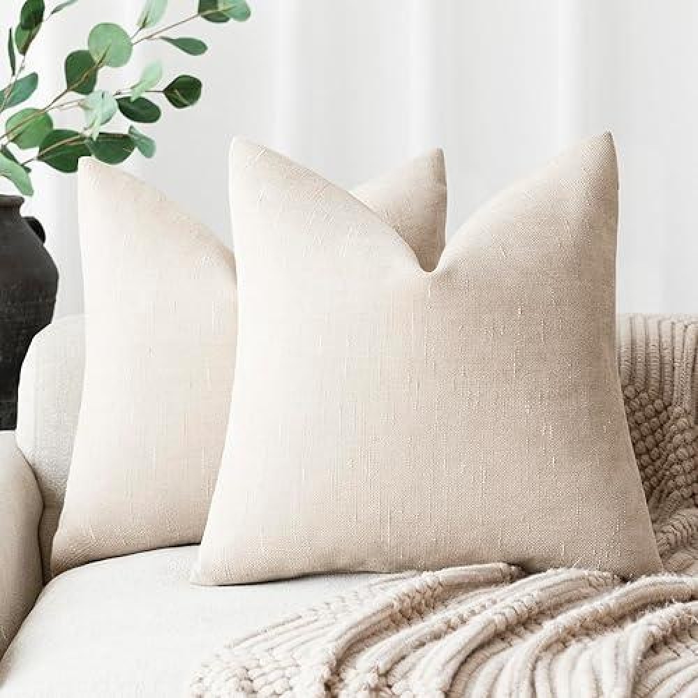 Foindtower Pack Of 2 Soft Textured Throw Decorative Pillow Covers Square Accent Solid Cushion Cover Cozy Farmhouse Pillow Case With Zipper For Couch Sofa Bedroom Living Room 24X24 Inch  Light Beige