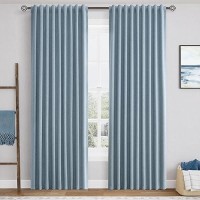 Blue Linen Blackout Curtains For Bedroom 84 Inch Length 2 Panels Set Back Tab Pocket Neutral Farmhouse Living Room Darkening Cur