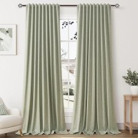 Sage Green Linen Blackout Curtains For Bedroom 102 Inch Length 2 Panels Set Back Tab Pocket Neutral Farmhouse Living Room Darken