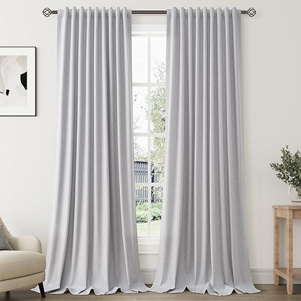 Light Grey Linen Blackout Curtains For Bedroom 90 Inch Length 2 Panels Set Back Tab Pocket Neutral Farmhouse Living Room Darkeni