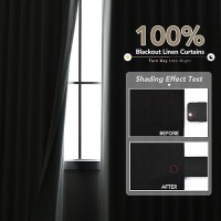 Black Linen Blackout Curtains For Bedroom 120 Inch Length 2 Panels Set Back Tab Pocket Neutral Farmhouse Living Room Darkening C