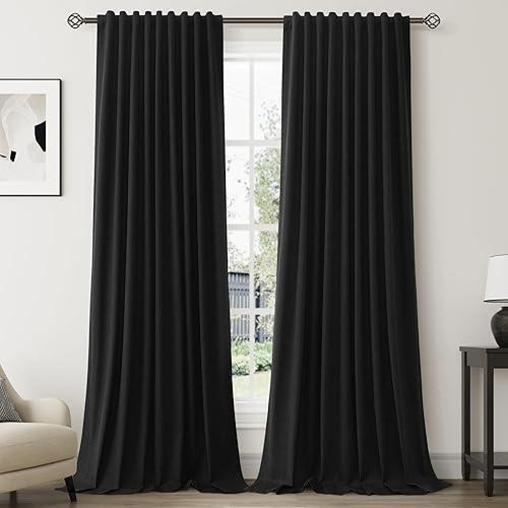 Black Linen Blackout Curtains For Bedroom 96 Inch Length 2 Panels Set Back Tab Pocket Neutral Farmhouse Living Room Darkening Cu