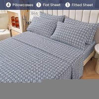 King Sheet Set Navy Blue Plaid Pattern Bedding Sheets Printed Sheets 6 Piece Soft Microfiber Fitted Sheet With 15 Deep Pocke