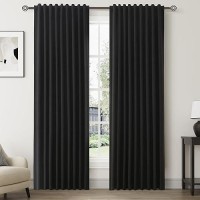 Black Linen Blackout Curtains For Bedroom 84 Inch Length 2 Panels Set Back Tab Pocket Neutral Farmhouse Living Room Darkening Cu