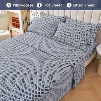 Full Sheet Set Navy Blue Plaid Pattern Bedding Sheets Printed Sheets 6 Piece Soft Microfiber Fitted Sheet With 15 Deep Pocke