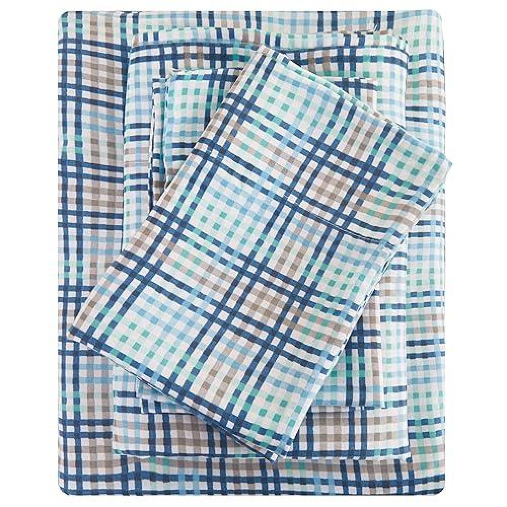 Full Sheet Set Aqua Blue Plaid Pattern Bedding Sheets Printed Sheets 6 Piece Soft Microfiber Fitted Sheet With 15 Deep Pocke