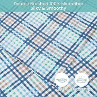 Full Sheet Set Aqua Blue Plaid Pattern Bedding Sheets Printed Sheets 6 Piece Soft Microfiber Fitted Sheet With 15 Deep Pocke