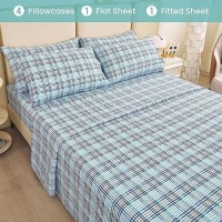 Full Sheet Set Aqua Blue Plaid Pattern Bedding Sheets Printed Sheets 6 Piece Soft Microfiber Fitted Sheet With 15 Deep Pocke