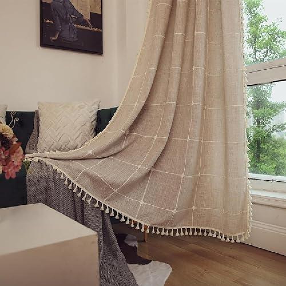 Deeprove Boho Curtains 72 Inches Length Bohemian Lattice Gingham Chic Textured Embroidery Plaids  Vintage Tassels Home Decor Drapes Light Filtering Rod Pocket  1 Panel W52 X L72  Natural Linen