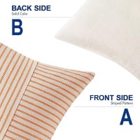 Miulee Fall Burnt Orange And Beige Patchwork Farmhouse Pillow Covers 12X20 Inch Pack Of 2 Striped Linen Decorative Modern Accen