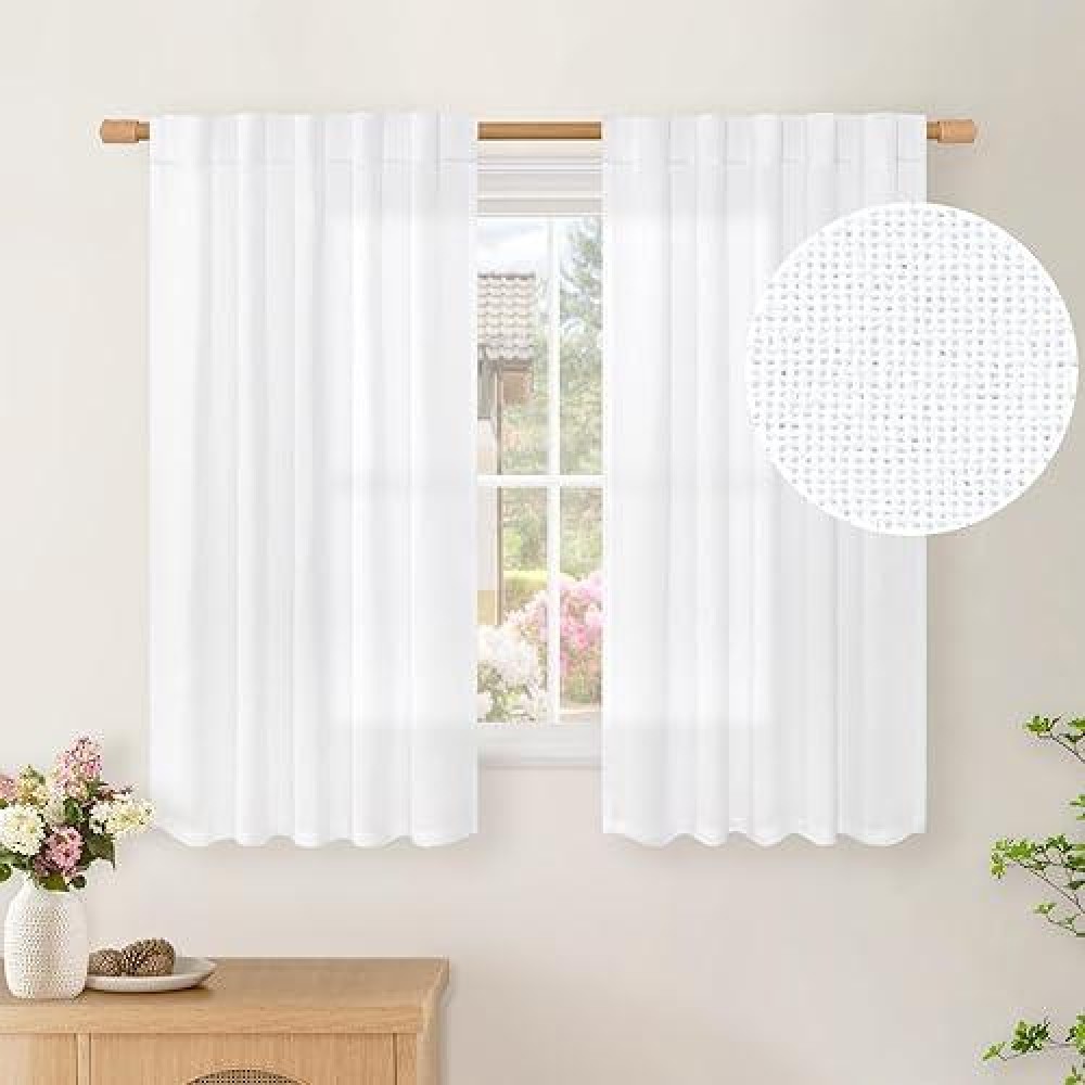 Bgment Short Linen Curtains 40 Inch Length 2 Panels Rod Pocket White Small Window Drapes Light Filtering For Kitchen Bathroom Ca