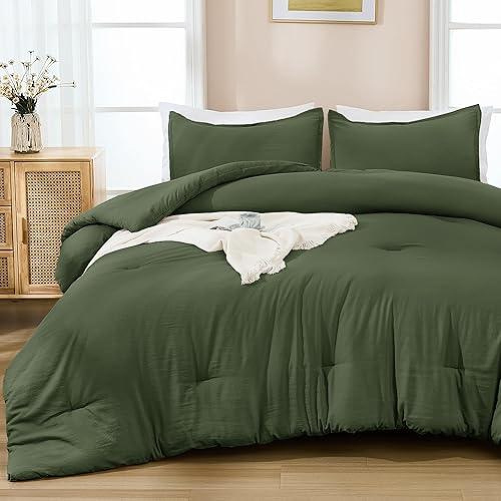 Andency Olive Green Comforter Queen Size - 7 Pieces Dark Green Bed In A Bag Queen Bedding Comforter Sets  Summer Plain Soft Lightweight Comforter With Fitted Sheets  Flat Sheets  Pillowcases & Shams