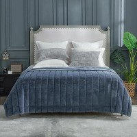 Cozy Bliss Faux Fur Throw Blanket For Couch Cozy Warm Plush Striped Blanket For Sofa Bedroom Living Room 90 90 Inches Blue