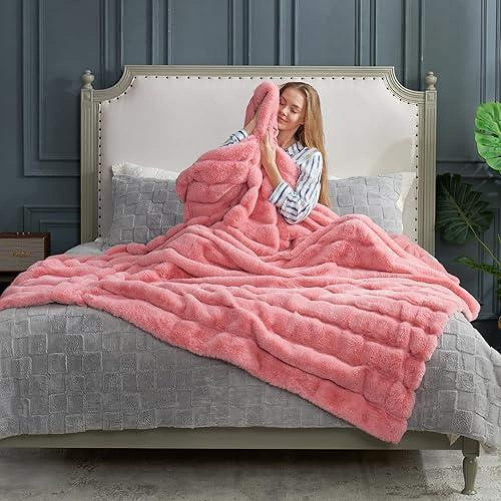 Cozy Bliss Faux Fur Throw Blanket For Couch Cozy Warm Plush Striped Blanket For Sofa Bedroom Living Room 90 90 Inches Hot Pi