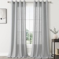 Linen Blend Gray Sheer Curtains 120 Inches Long 2 Panels Sets For Living Room Grommet Semi Sheer Light Filterinig Bedroom Window