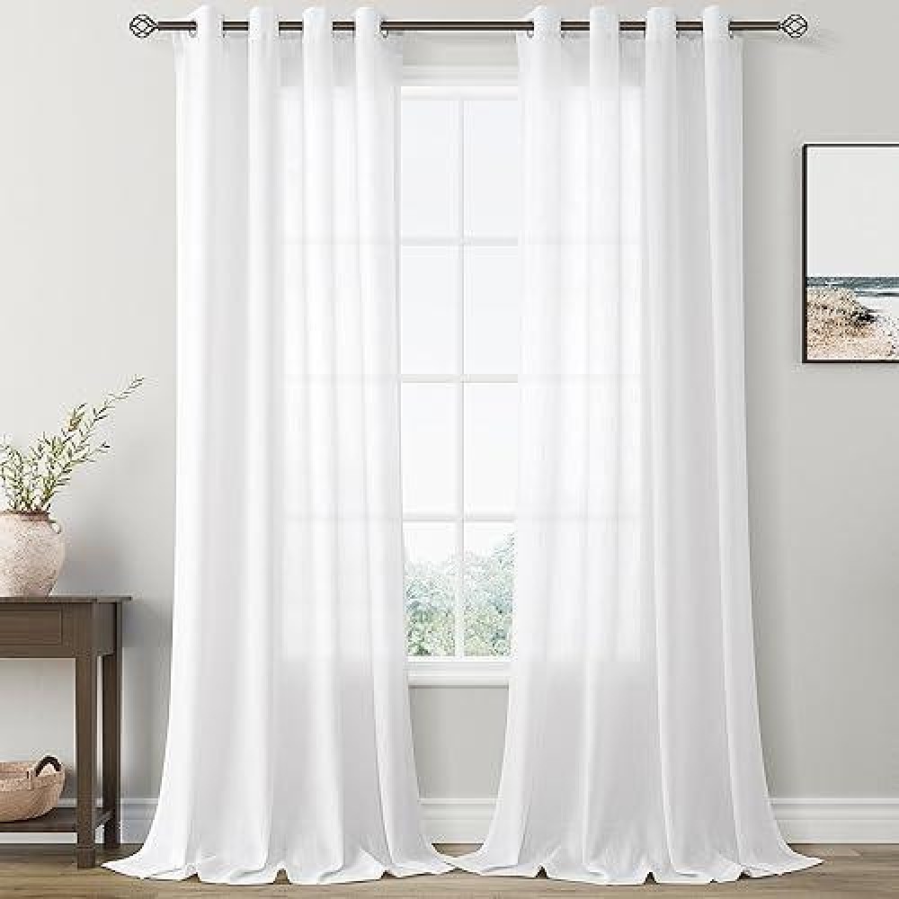 Linen Sheer White Curtains 102 Inches Long For Living Room Light Filtering Privacy Thick Sheer Curtain Drapes Modern Elegant Cot