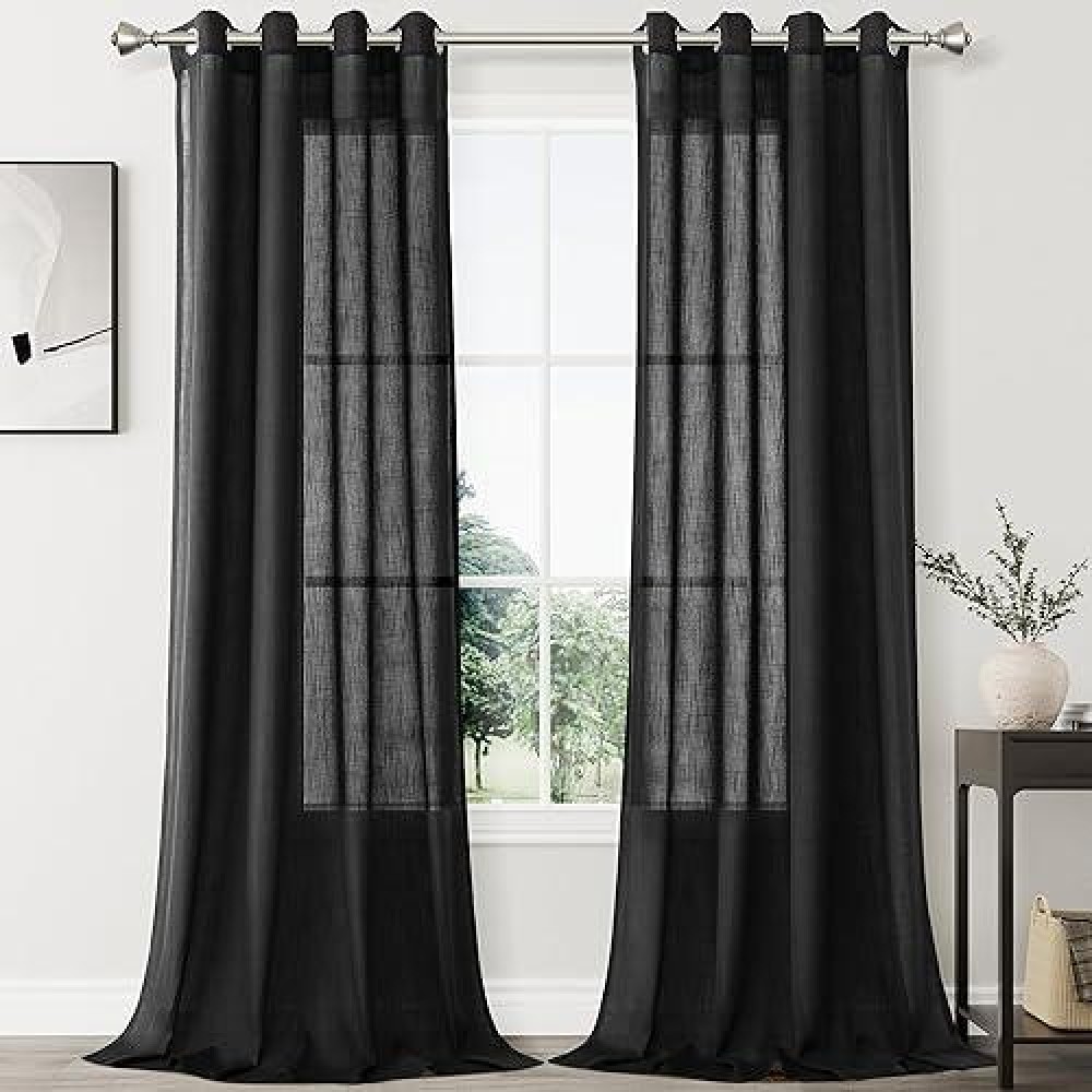 Linen Sheer Curtains 120 Inches Long 2 Panels Set Grommet Textured Light Filtering Black Boho Living Room Curtains Modern Minima