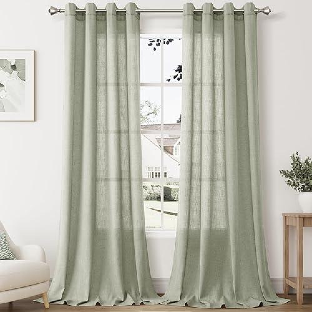 Sage Green Linen Sheer Curtains 120 Inch Length For Living Room 2 Panels Set Soft Thick Textured Grommet Semi Sheer Light Filter