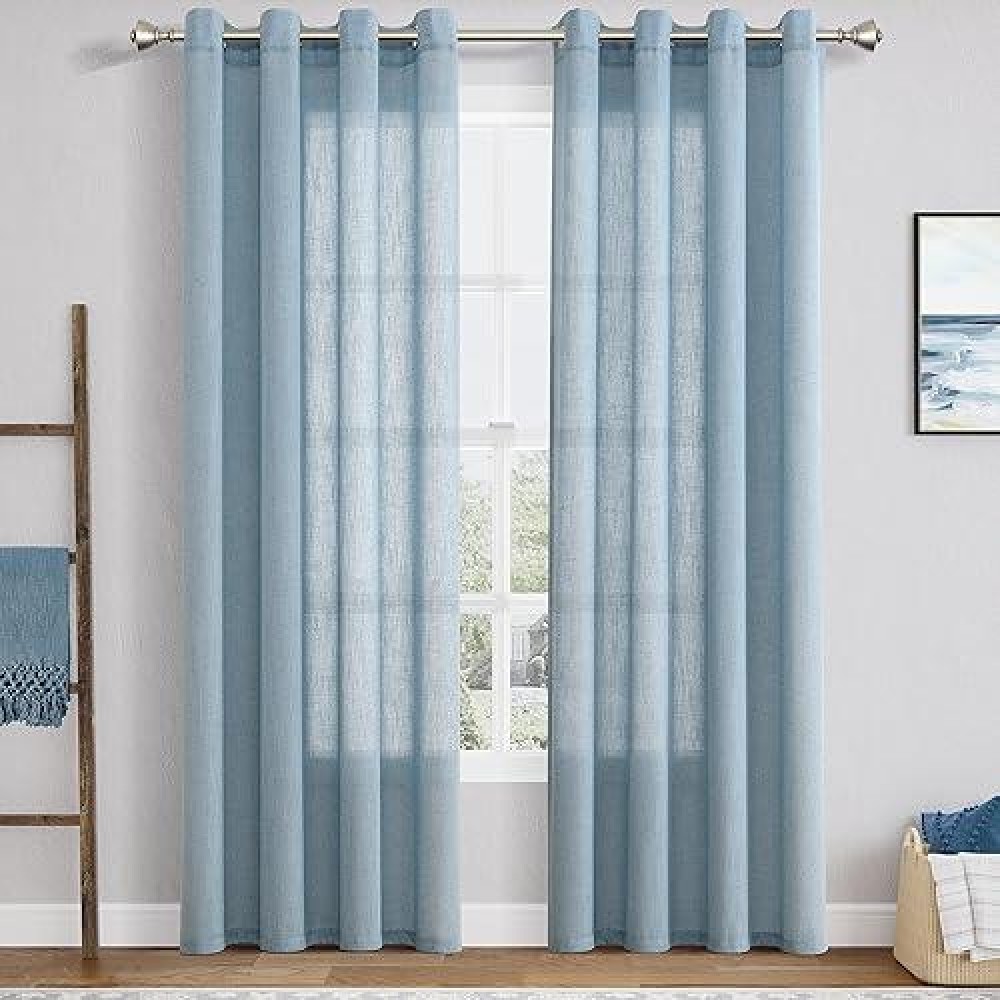 Blue Curtains 84 Inch Length 2 Panels Set For Bedroom 2 Panels Set Grommet Faux Linen Semi Sheer Light Filtering Curtains Dirty