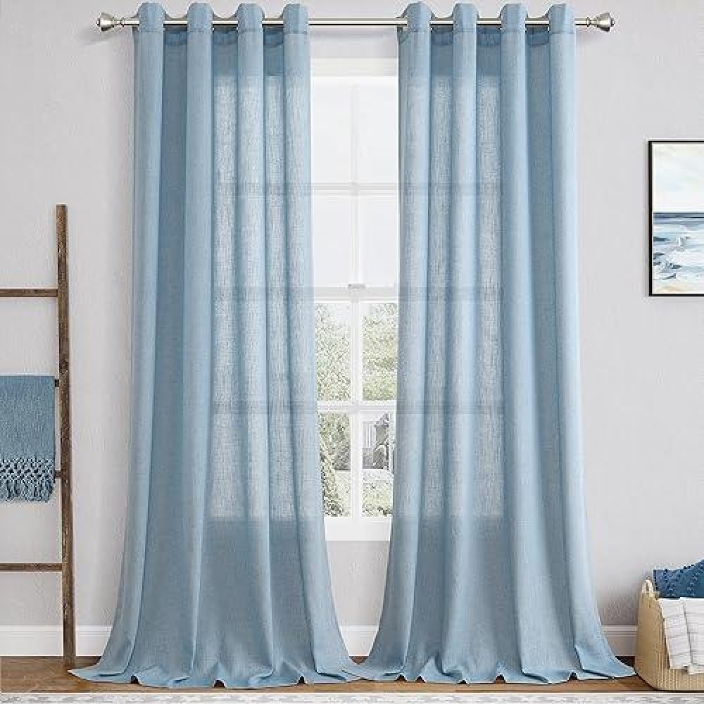 Linen Semi Sheer Curtains 108 Inches Long 2 Panels Set Dusty Blue Linen Blend Light Filtering Cozy Large Ceiling Window Curtains