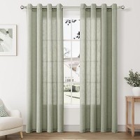 Sage Green Linen Sheer Curtains 84 Inch Length For Living Room 2 Panels Set Soft Thick Textured Grommet Semi Sheer Light Filteri