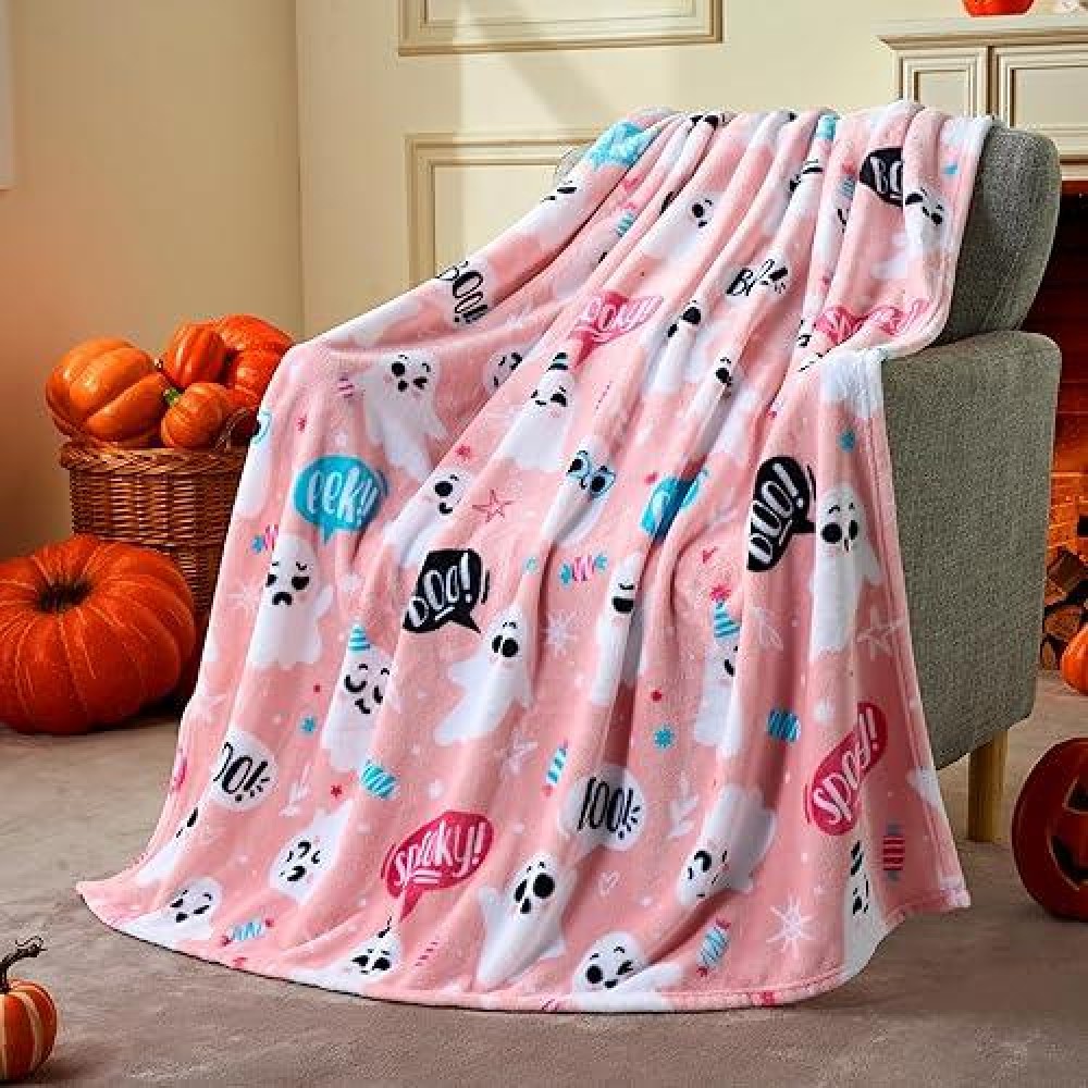 Joiedomi Halloween Throw Blanket Soft Plush Halloween Blanket Cute Pink Ghost Blanket Cozy Flannel Halloween Decoration Fo