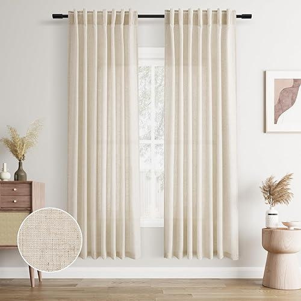 Joywell White Back Tab Linen Curtains 72 Inches Long 2 Panels For Living Room Bedroom Neutral Boho Farmhouse Rustic Light Filter