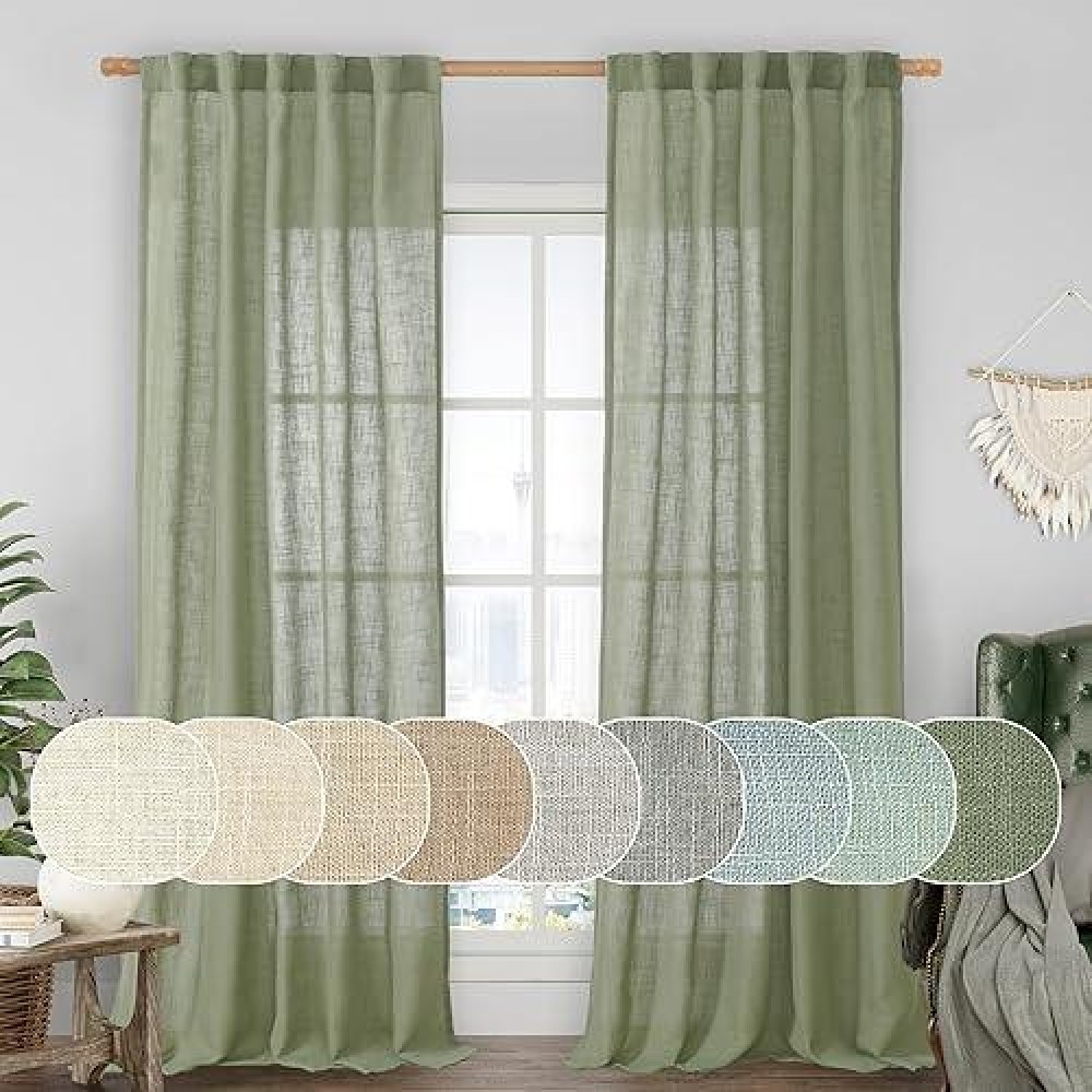 Lamit Light Filtering Linen Curtains 84 Inches Long For Bedroom Linen Textured Semi Sheer Back Tab And Rod Pocket Sage Green Bo