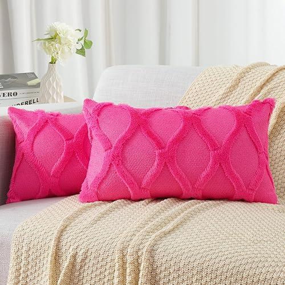 Decoruhome Decorative Throw Pillow Covers 12X20 Set Of 2  Soft Plush Faux Fur Wool Lumbar Pillow Covers For Couch Bed Sofa Living Room  Hot Pink