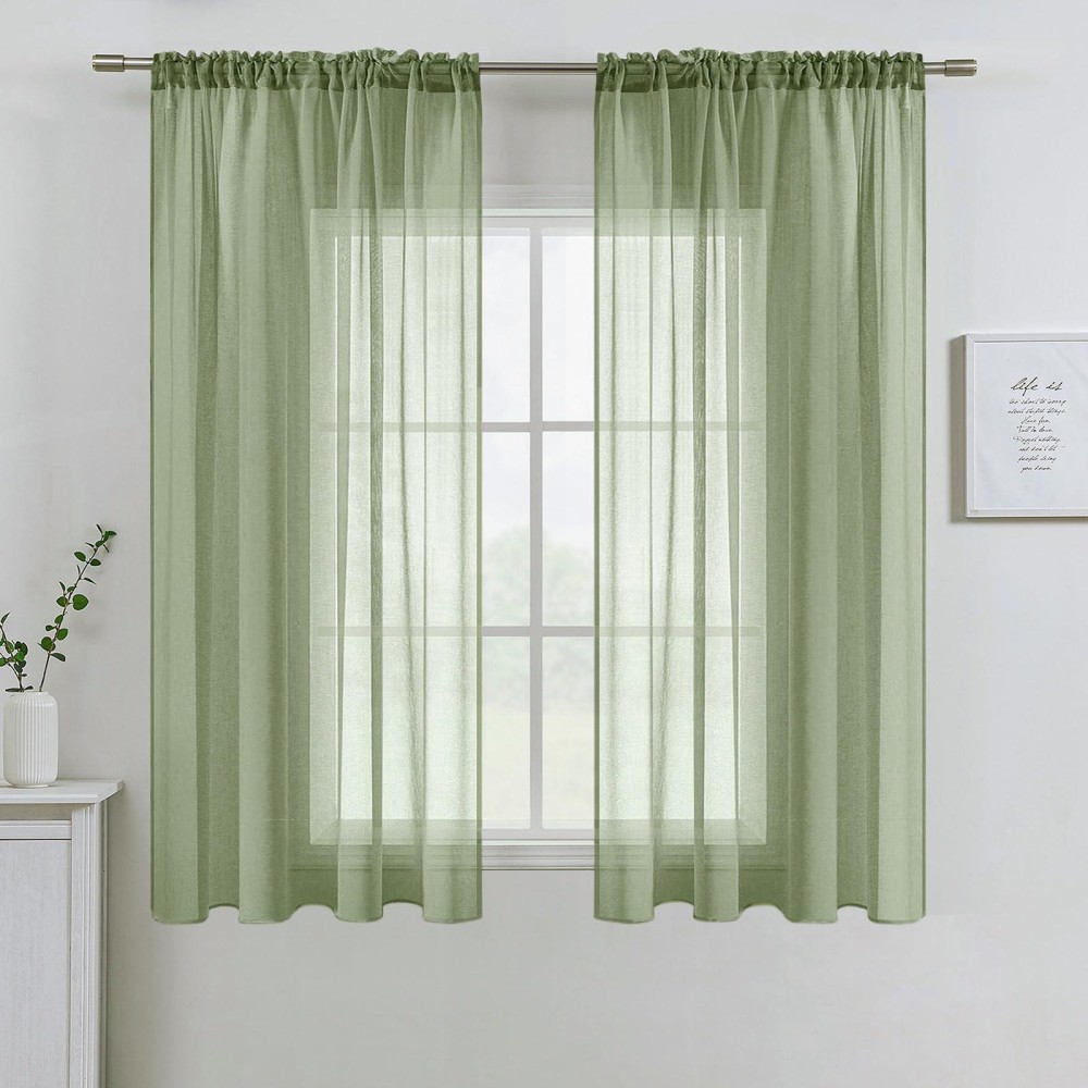 Miulee Sage Green Linen Textured Sheer Curtains For Bedroom Living Room Semi Transparent Farmhouse Window Treatment Light Green