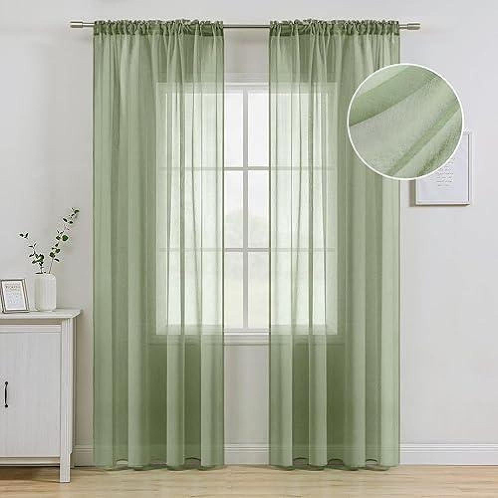 Miulee Sage Green Linen Textured Sheer Curtains For Bedroom Living Room Semi Transparent Farmhouse Window Treatment Light Green