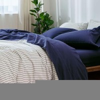 Moomee Bedding Sheet Set 100 Washed Cotton Linen Like Textured Breathable Durable Soft Comfy Dark Blue Queen