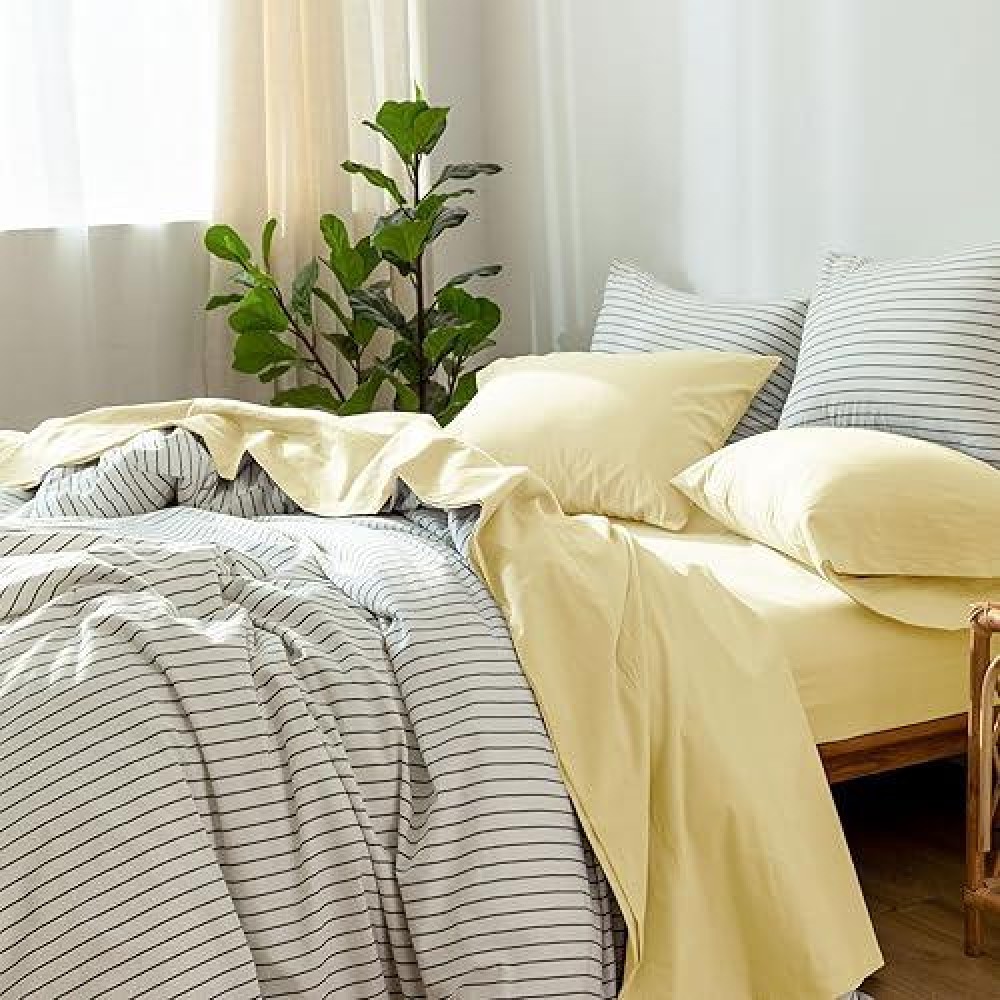 Moomee Bedding Sheet Set 100 Washed Cotton Linen Like Textured Breathable Durable Soft Comfy Butter Yellow Queen