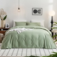 Jellymoni Light Green Duvet Cover Full Size 100 Washed Cotton Linen Like Textured Comforter Cover 3 Pieces Breathable Soft B