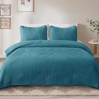 Exclusivo Mezcla Ultrasonic King Quilt Bedding Set Lightweight Teal Bedspreads Soft Modern Geometric Coverlet Set For All Seaso