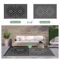 Genimo Outdoor Rug For Patio Clearance  6' X 9' Waterproof Plastic Straw Mat  Reversible Camping Carpet  Large Area Rugs Mats For Rv  Backyard  Deck  Porch  Picnic  Beach  Balcony  Black & Grey