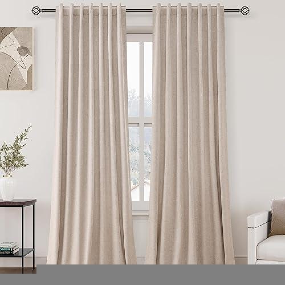 Oatmeal Linen 100% Black Out Curtains 108 Inches Long 2 Panels Set For Bedroom Boho Farmhouse Back Tab Thermal Insulated Energy Efficient Room Darkening Curtains Living Room High Ceiling Length 9 Ft