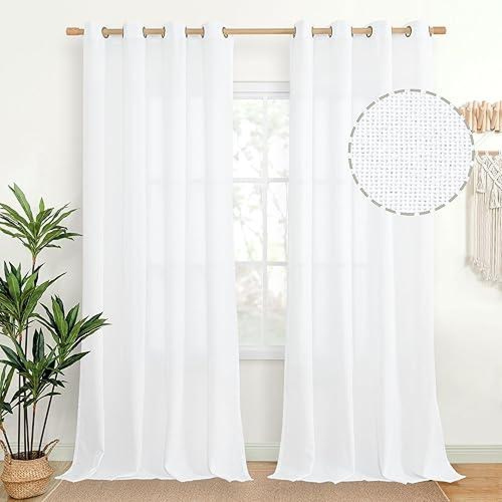 Youngstex White Linen Curtains 102 Inches Long For Living Room Light Filtering Floor Length Drapes With Bronze Grommet For Bedro