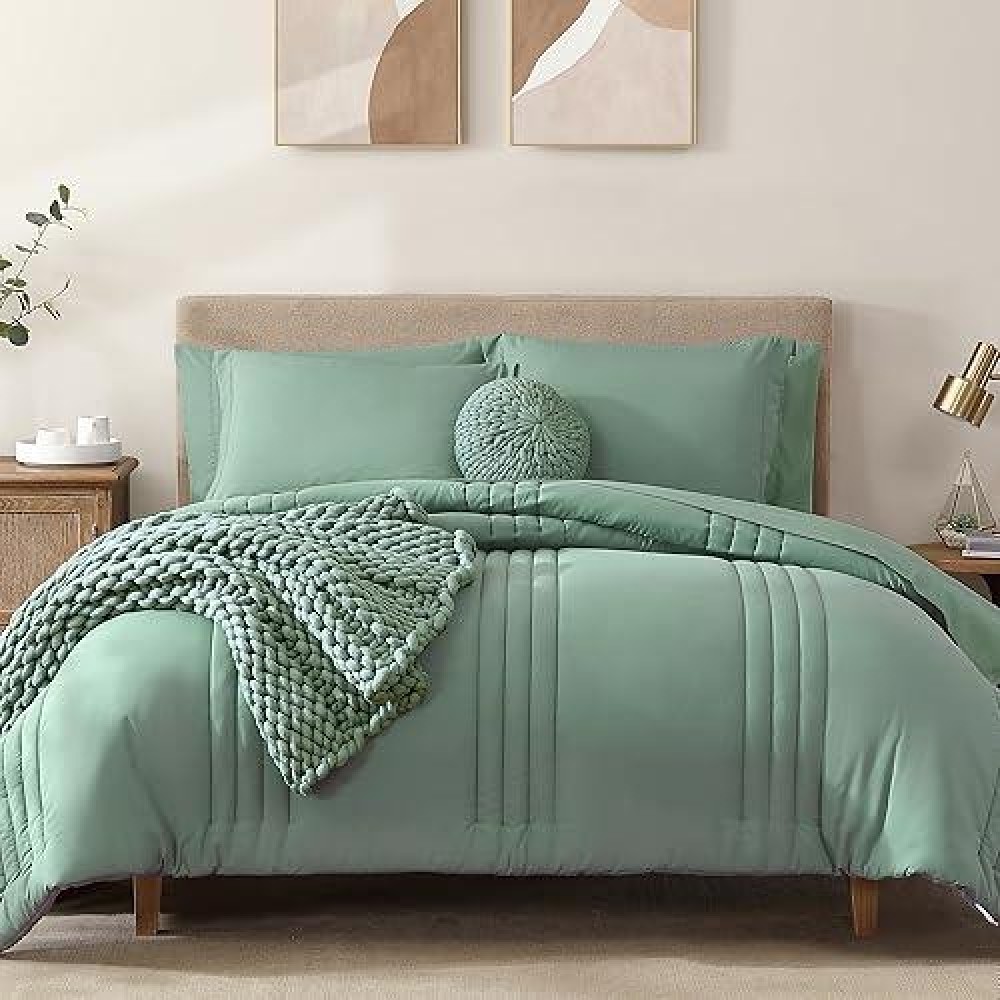 Monbix Twin Xl Comforter Twin Xl Bedding Set 5 Pieces  All Seasons Comforters Quilting Design Fluffy Bed Set Warm Twin Xl Comforter Set With Sheets(Harbor Green  Twin Xl  66