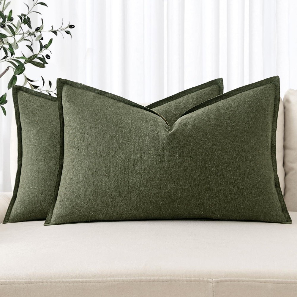 Miulee Linen Pillow Covers 12X20 Inch Dark Olive Green Decorative Throw Pillow Covers Pack Of 2 Soft Accent Farmhouse Couch Pill