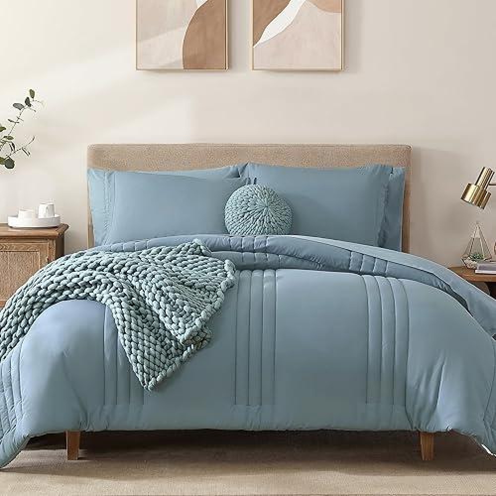 Monbix Comforter King Size  King Comforters Set 7 Piece  Breathable Solid Bedding Sets King With Comforters  Sheets  King Bed In A Bag With Sheets Pillowcases & Shams (Dusty Blue  King  102