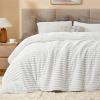 Bedelite Fleece Queen Comforter Set Super Soft Warm Fluffy Bright White Bedding Luxury Fuzzy Heavy Bed Set For Winter With 2